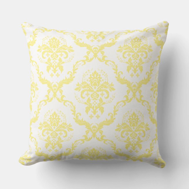 White & Soft Yellow Reversible Floral Damasks Throw Pillow (Front)