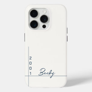 White Solid Color Blue Name and Year iPhone 15 Pro Case