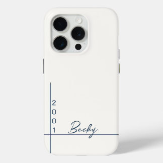 White Solid Color Blue Name and Year iPhone 15 Pro Case