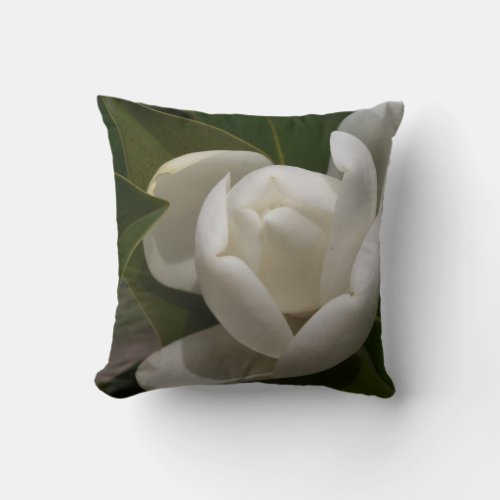 white southern magnolia flower bud throw pillow