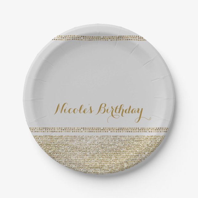 White & Sparking Gold Glam Chic Elegant Party Paper Plates (Front)