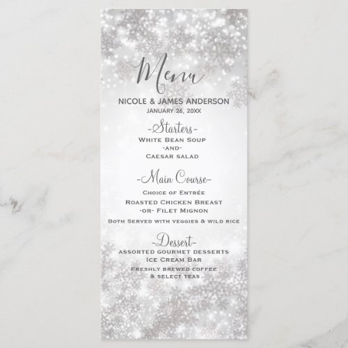 White Sparkle Snowflakes Winter Wedding Menu