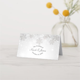 White Sparkle Snowflakes Winter Wedding Seating Place Card