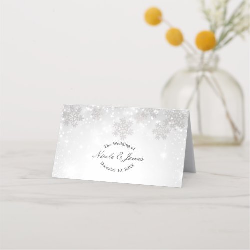 White Sparkle Snowflakes Winter Wedding Seating Place Card