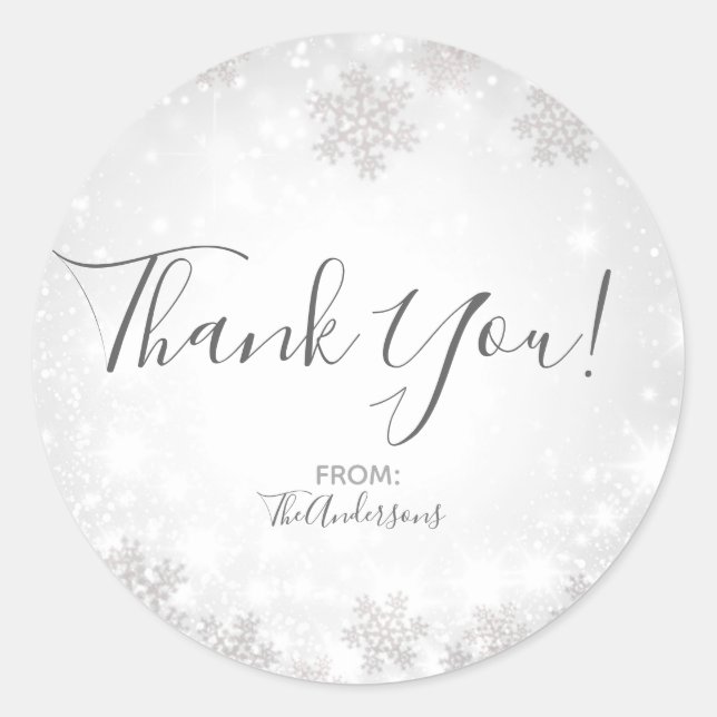 White Sparkle Snowflakes Winter Wonderland Wedding Classic Round Sticker (Front)