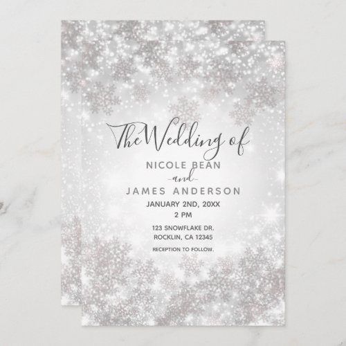 White Sparkle Snowflakes Winter Wonderland Wedding Invitation