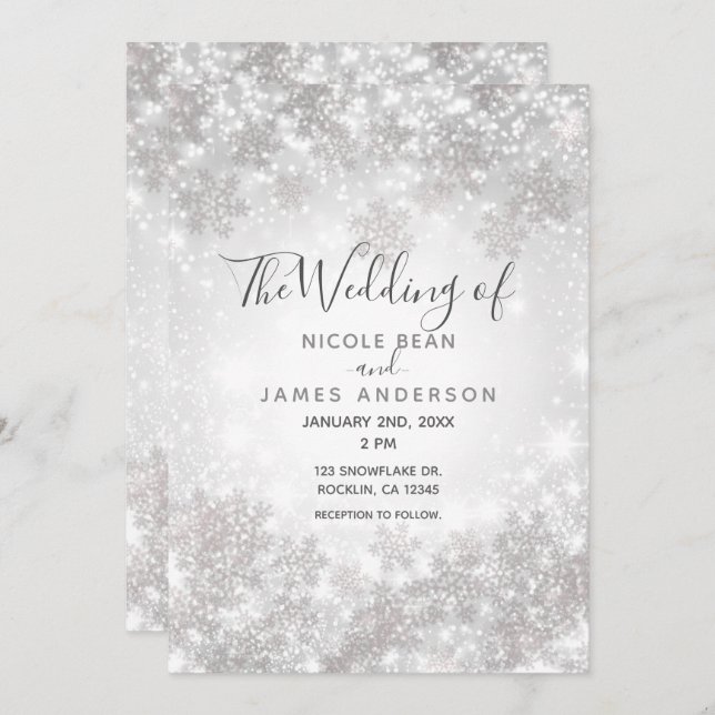 White Sparkle Snowflakes Winter Wonderland Wedding Invitation (Front/Back)