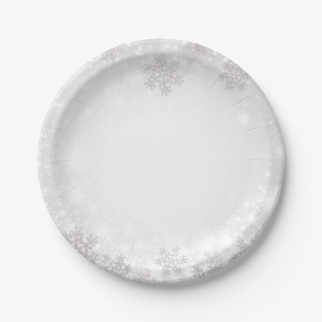 White Sparkle Snowflakes Winter Wonderland Wedding Paper Plates (Front)