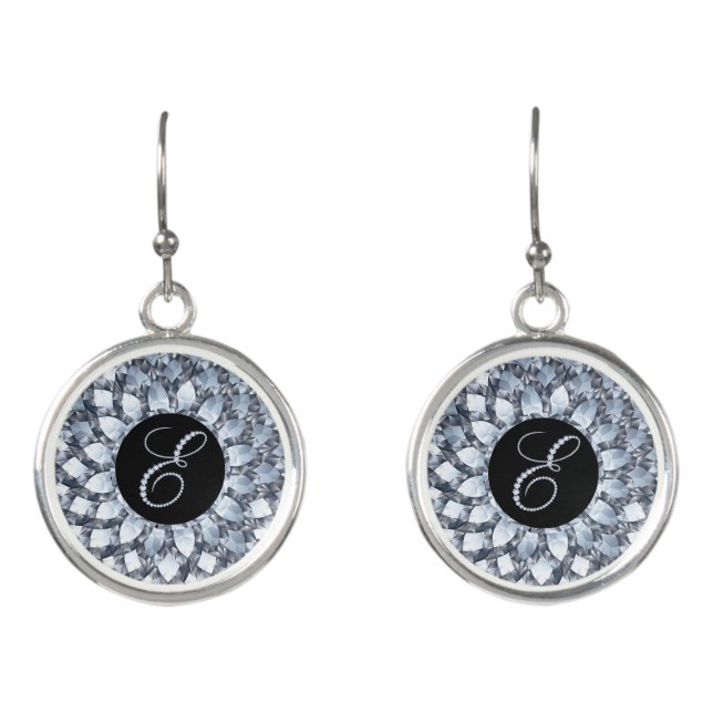 White Sparkling Faux Diamonds Letter E Monogram Earrings (Front)