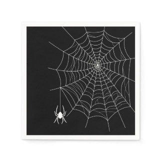 White Spider On Black With Cobweb Halloween Napkins