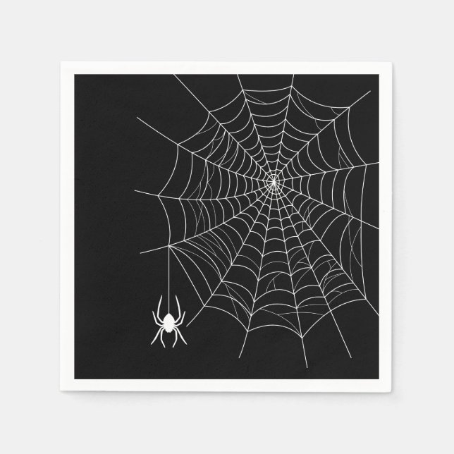 White Spider On Black With Cobweb Halloween Napkins (Front)