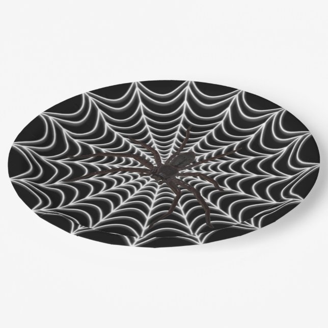 White Spider Web And Black Spider Halloween Paper Plates (Angled)