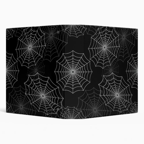 White Spider Web Cobweb Silk Pattern on Black 3 Ring Binder