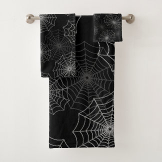 White Spider Web Cobweb Silk Pattern on Black Bath Towel Set