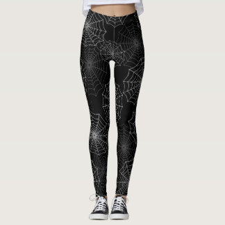 White Spider Web Cobweb Silk Pattern on Black Leggings
