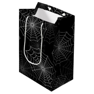 White Spider Web Cobweb Silk Pattern on Black Medium Gift Bag