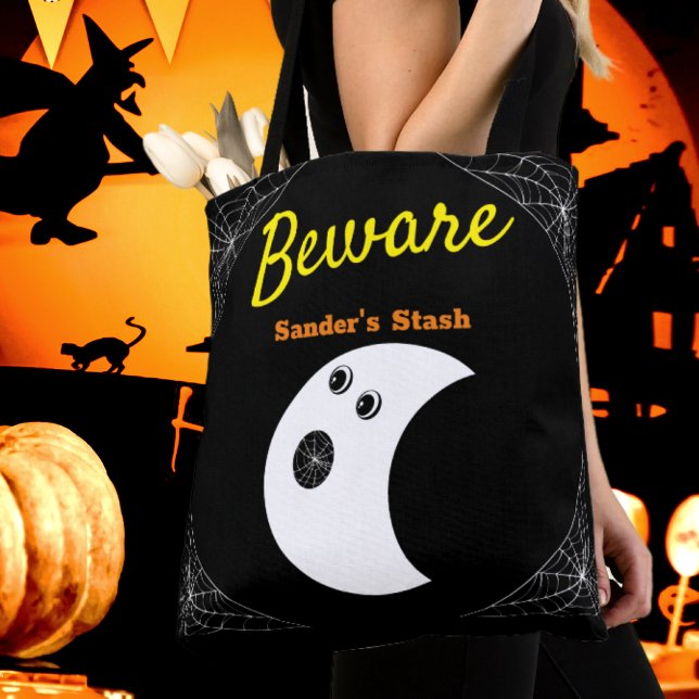 White Spider Webs and cute Modern Ghost Black Tote Bag (Creator Uploaded)