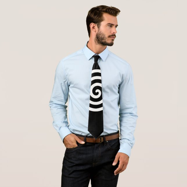 White Spiral Circle on Black Neck Tie (In Situ)