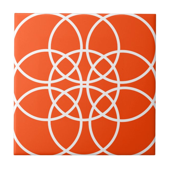 White Spiral Circles on Bright Orange Ceramic Tile (Front)