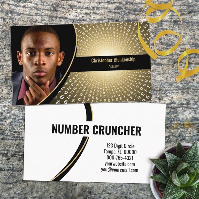 White Spiral Numbers on Gold Custom Photo  Business Card (Custom photo front and back business card template)