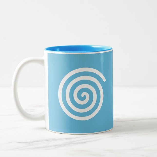 White Spiral on Turquoise Two-Tone Coffee Mug (Left)