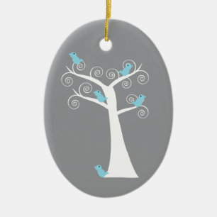 White Spiral Tree with Blue Birds Nature Art Ceramic Ornament