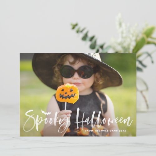 White Spooky Halloween Brush Lettering Photo Holiday Card
