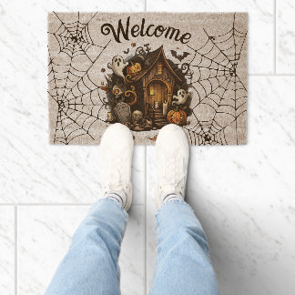 🎃 white Spooky Season Haunted House Door Mat 👻