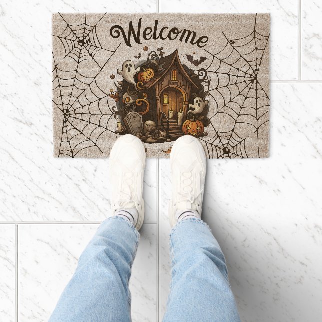 🎃 white Spooky Season Haunted House Door Mat 👻 (Insitu)