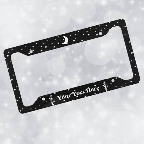 White Spooky Trees Crescent Moon Stars on Black License Plate Frame