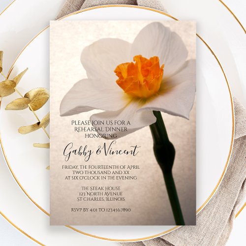 White Spring Daffodil Wedding Rehearsal Dinner Invitation