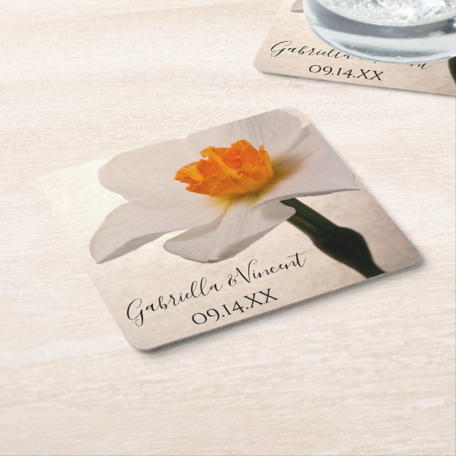 White Spring Daffodil Wedding Square Paper Coaster (Angled)