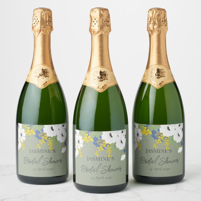 White Spring Floral Bouquet Bridal Shower  Sparkling Wine Label (Bottles)