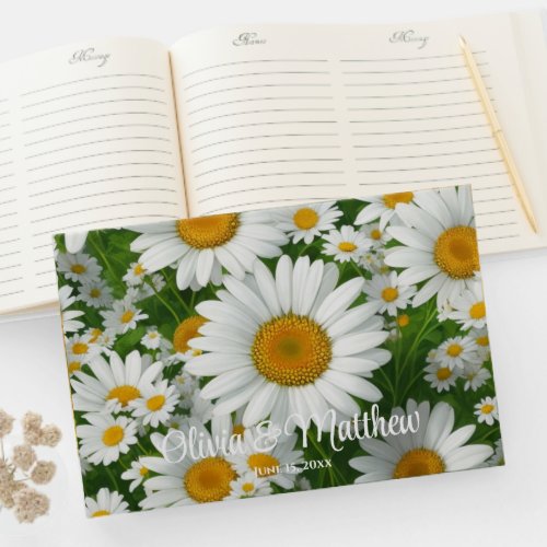 White spring floral white daisies greenery guest book