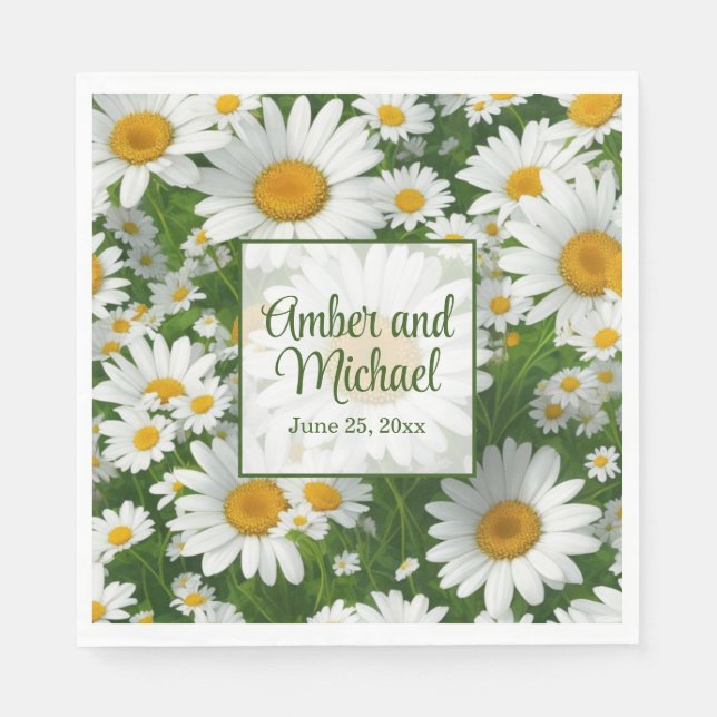 White spring floral white daisies greenery napkins (Front)
