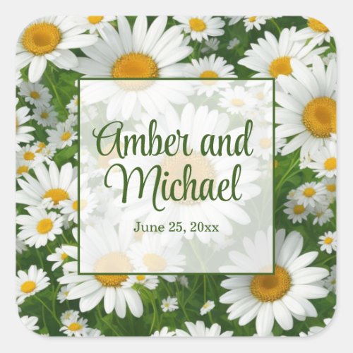 White spring floral white daisies greenery square sticker