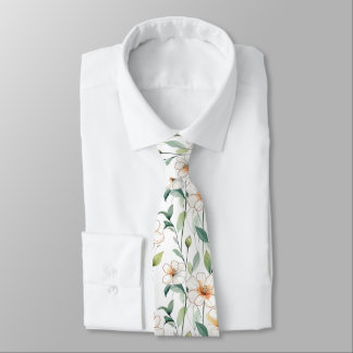 White Spring Flowers Floral Pattern Neck Tie