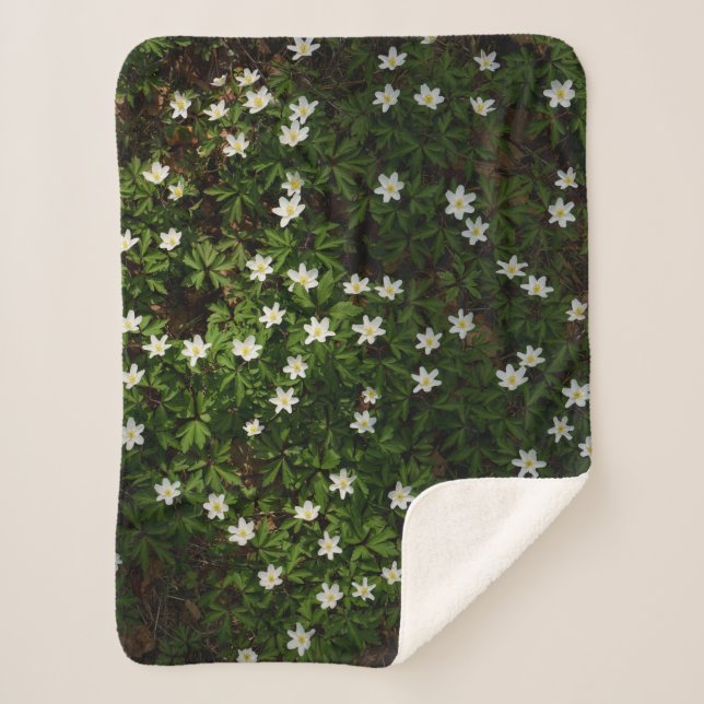 White spring flowers in woodland sherpa blanket (Front)