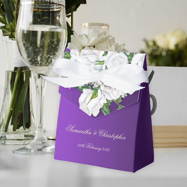 White Spring Roses on Purple Wedding  Favor Boxes (Creator Uploaded)