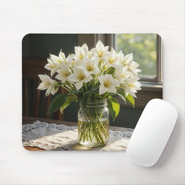 White Spring Trilliums Bouquet In Farmhouse Window Mouse Pad (With Mouse)
