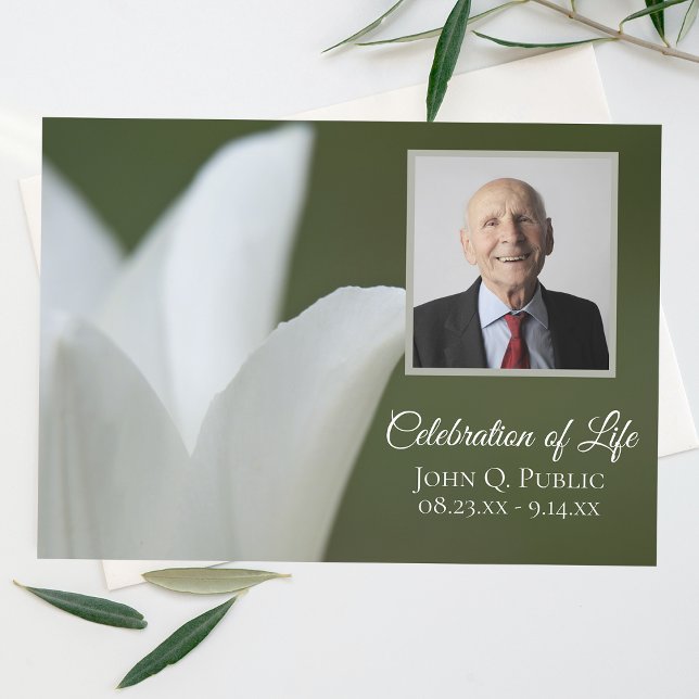 White Spring Tulip on Green Celebration of Life Invitation (Creator Uploaded)