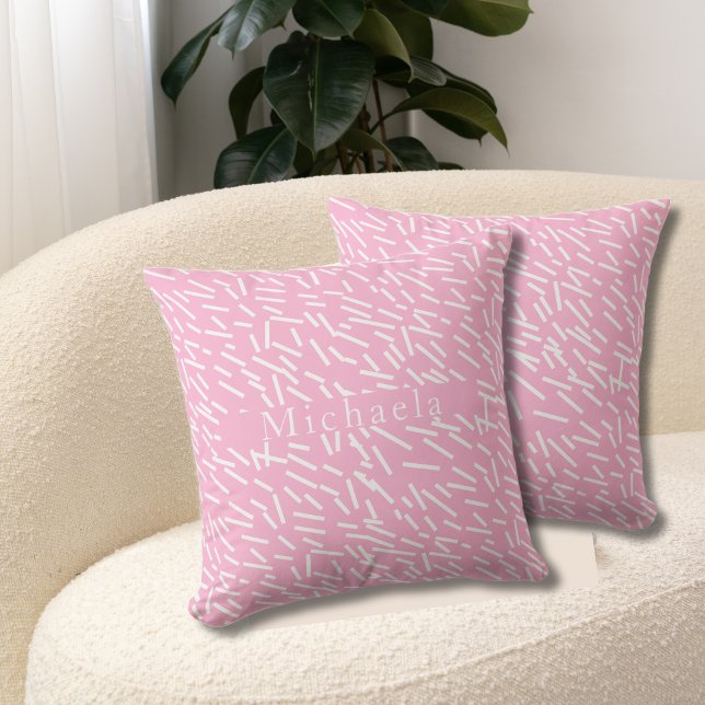 White Sprinkles on Pink Background Name Text Throw Pillow (Pink & white Sprinkles Throw pillow, customizable name. Multilingual Project. Bilingual text option.)
