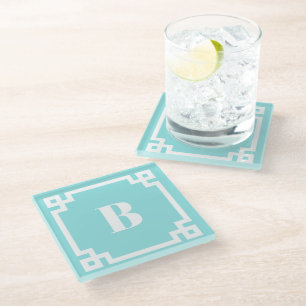 White Square Greek Key Border Aqua Blue Monogram Glass Coaster
