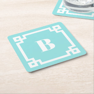 White Square Greek Key Border Aqua Blue Monogram Square Paper Coaster