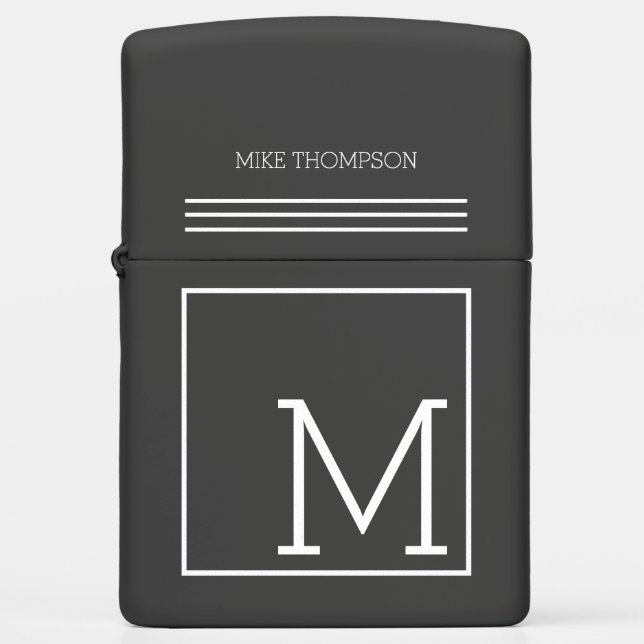 white square monogram on black zippo lighter (Front)