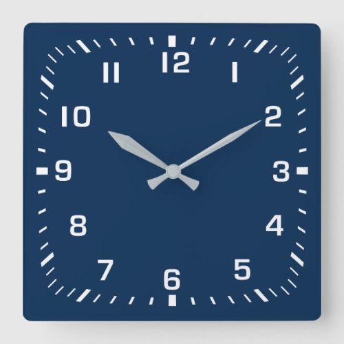 White Square Number Faceplate on Navy Blue Square Wall Clock