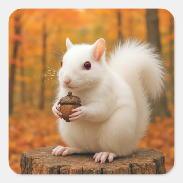 White Squirrel Holding an Acorn Square Sticker (Front)