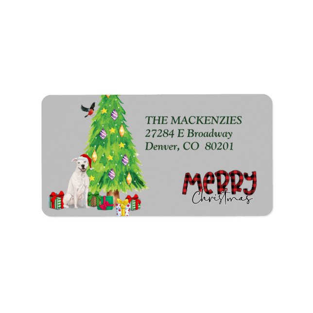 White Staffordshire Terrier and Christmas Tree Label (Front)