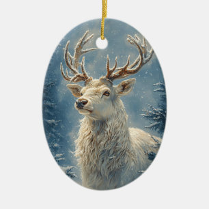 White Stag Portrait Mystical Winter Art Ceramic Ornament