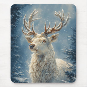 White Stag Portrait Mystical Winter Art Mouse Pad